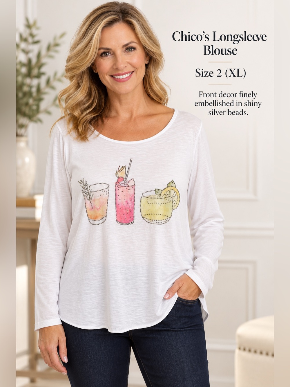 Chico’s White Graphic Long-Sleeve Women's Top with Drink Motif - XL